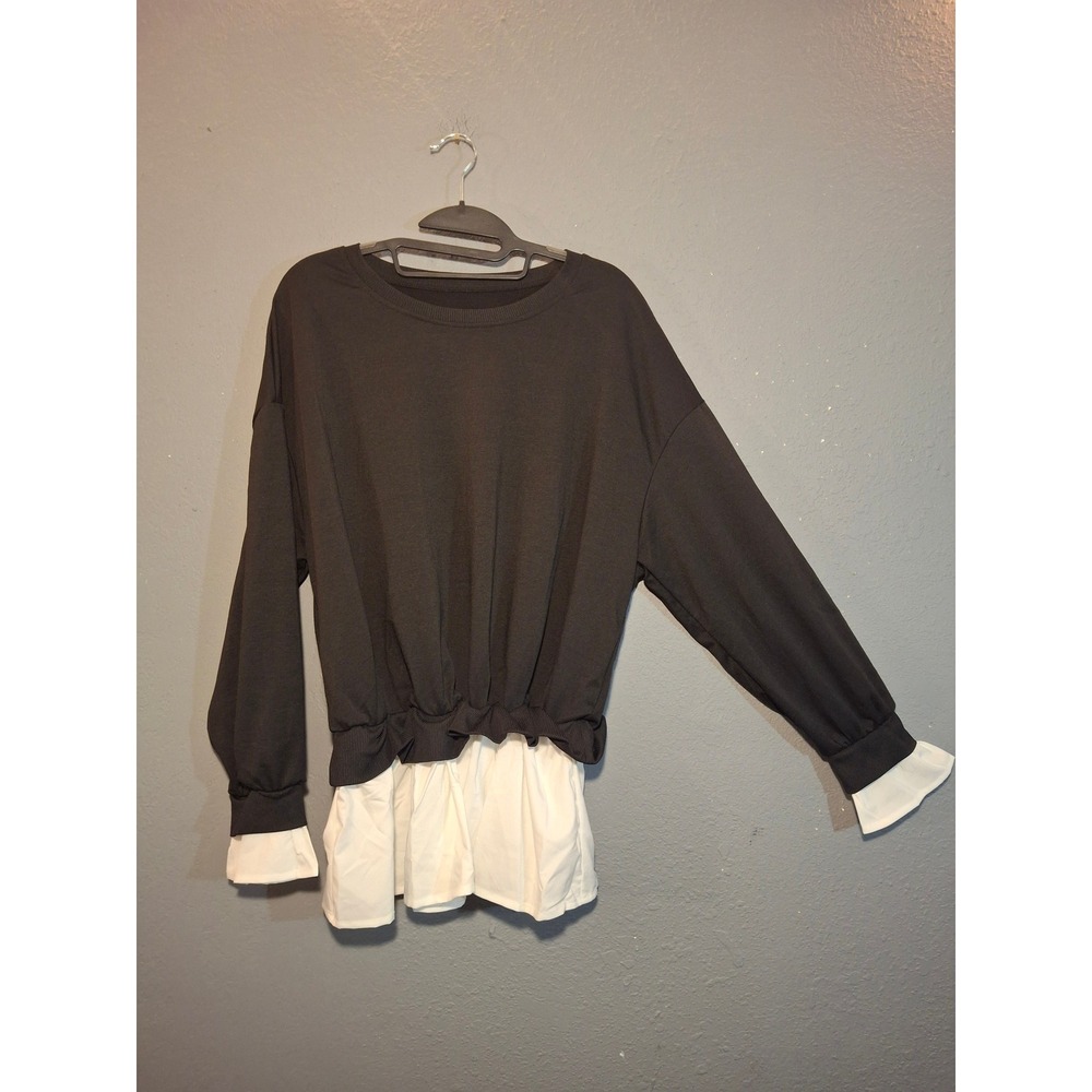 Black Layered Look Sweatshirt with White Shirt Hem and Cuffs Long Sleeve Top